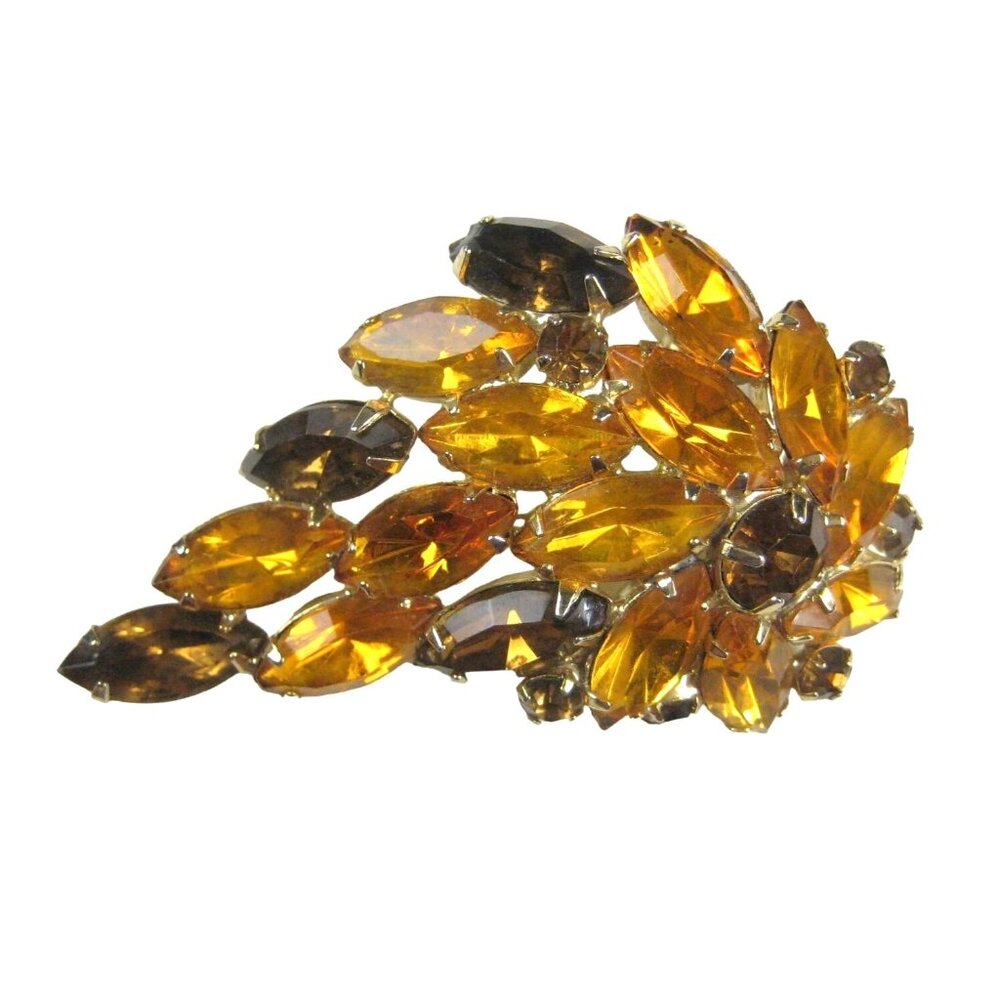 Vintage Golden Yellow Marquis Rhinestone Flower Brooch Goldtone Costume Jewelry